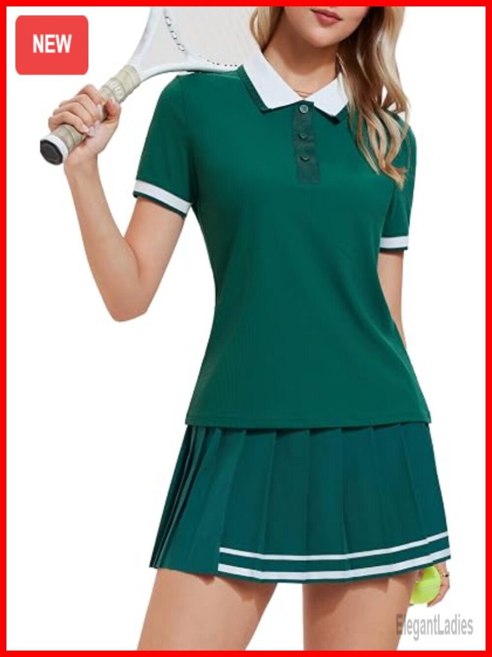 Ribbed Polo Top & Pleated Skort Set with Shorts, Activewear 2 Piece